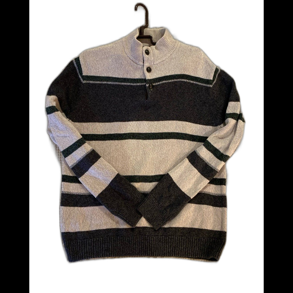 Chaps Men’s Sweater Size Large 100% Cotton Striped Heavy Knit EUC Tan & Gray